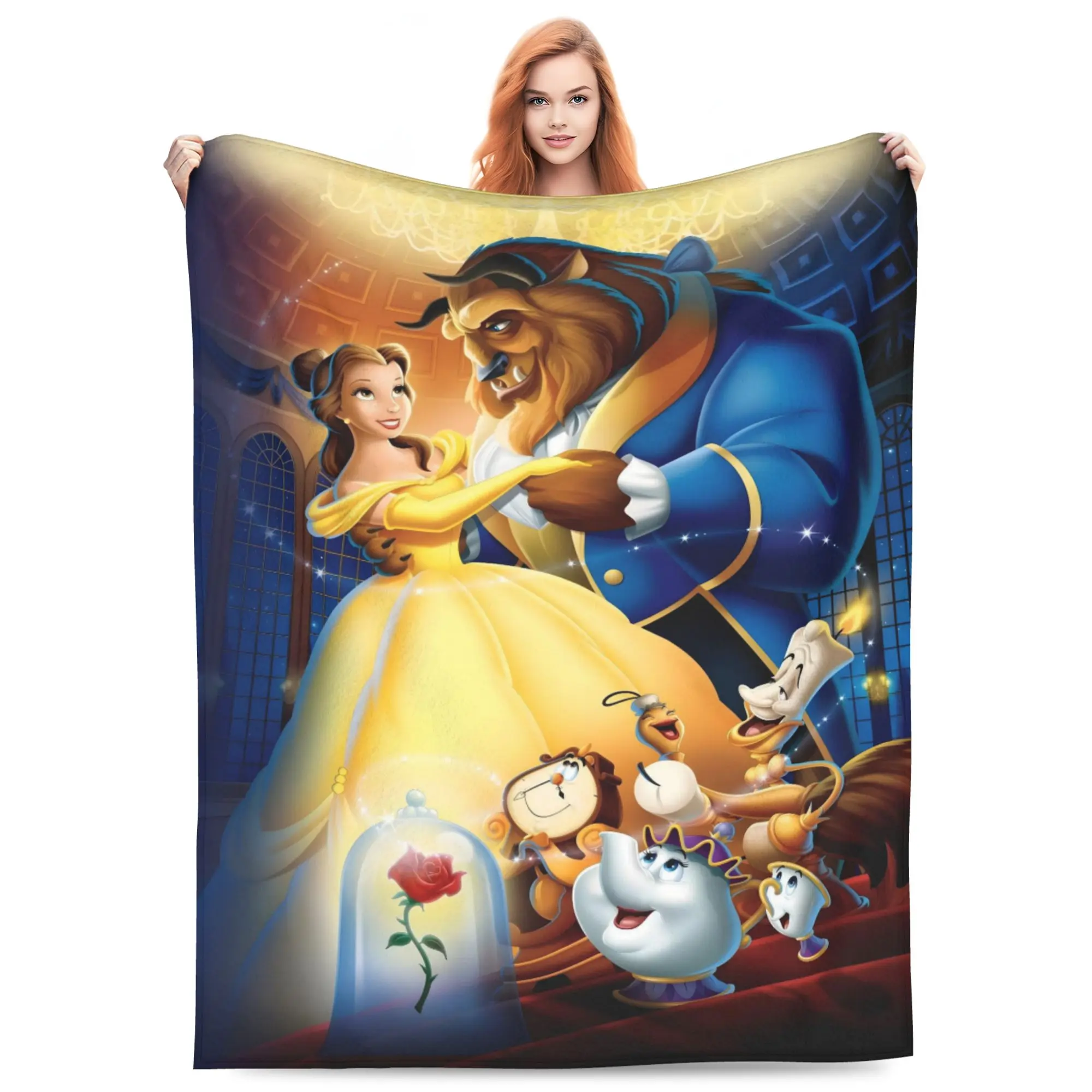 DISNEY CLASSIC Beauty and The Beast Ballroom Dance Throw Blanket, Belle Beast Enchanted Rose Lumiere Cogsworth Mrs. Potts Castle Ballroom Cartoon Print Flannel Fleece Blanket Soft Cozy Blanket for Sofa Bed Gift for Princess Fans Girls