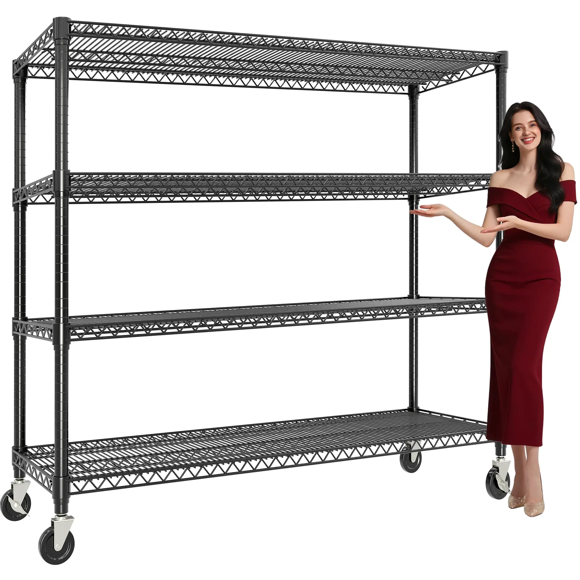 Heavy-Duty Rolling Wire Shelving Unit with Wheels - Adjustable Metal Storage Rack for Garage, Pantry, Workshop, Warehouse - 4-Tier - 2640 lb Capacity