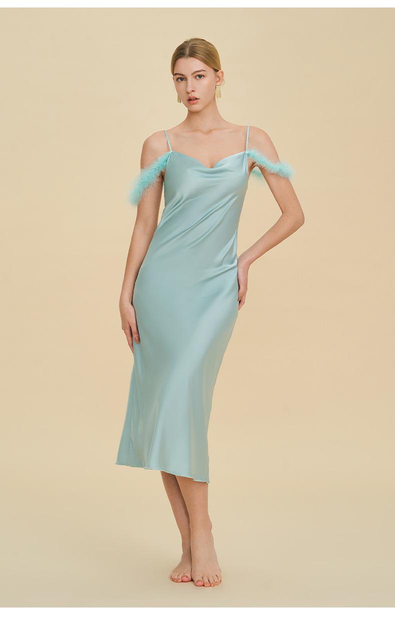 Sexy nightgown with straps, Russian cross-border one-shoulder dress, faux acetate nightgown, light luxury bridesmaid gift, strap dress, sexy off-shoulder feather-trimmed satin long dress, spicy girl style slim-fit bodycon dress