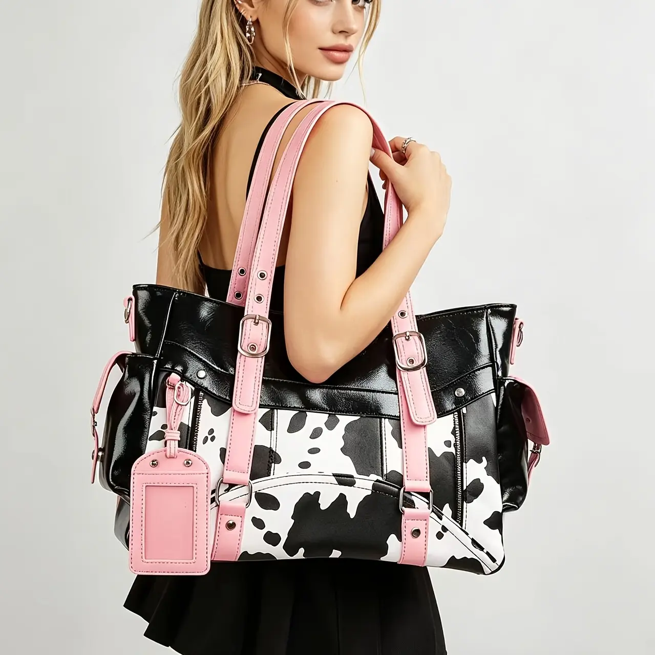 Women's Leather Cow Print Color-Block Tote Bag - Adjustable Strap, Zip Closure, Multi-Functional, Suitable for Casual Wear