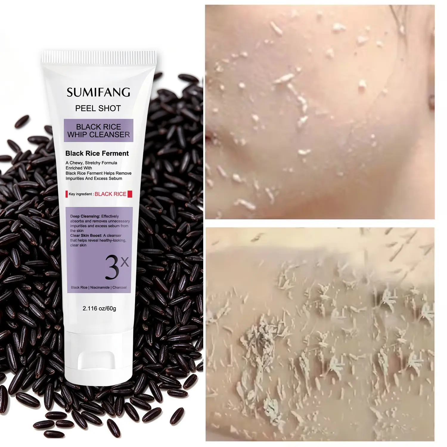 Black rice exfoliating essence with dead skin removal, with a soft, stretchy texture, gently exfoliates, deeply absorbs excess oil, nourishes and brightens, and improves roughness and dullness. Can be used on the whole body.