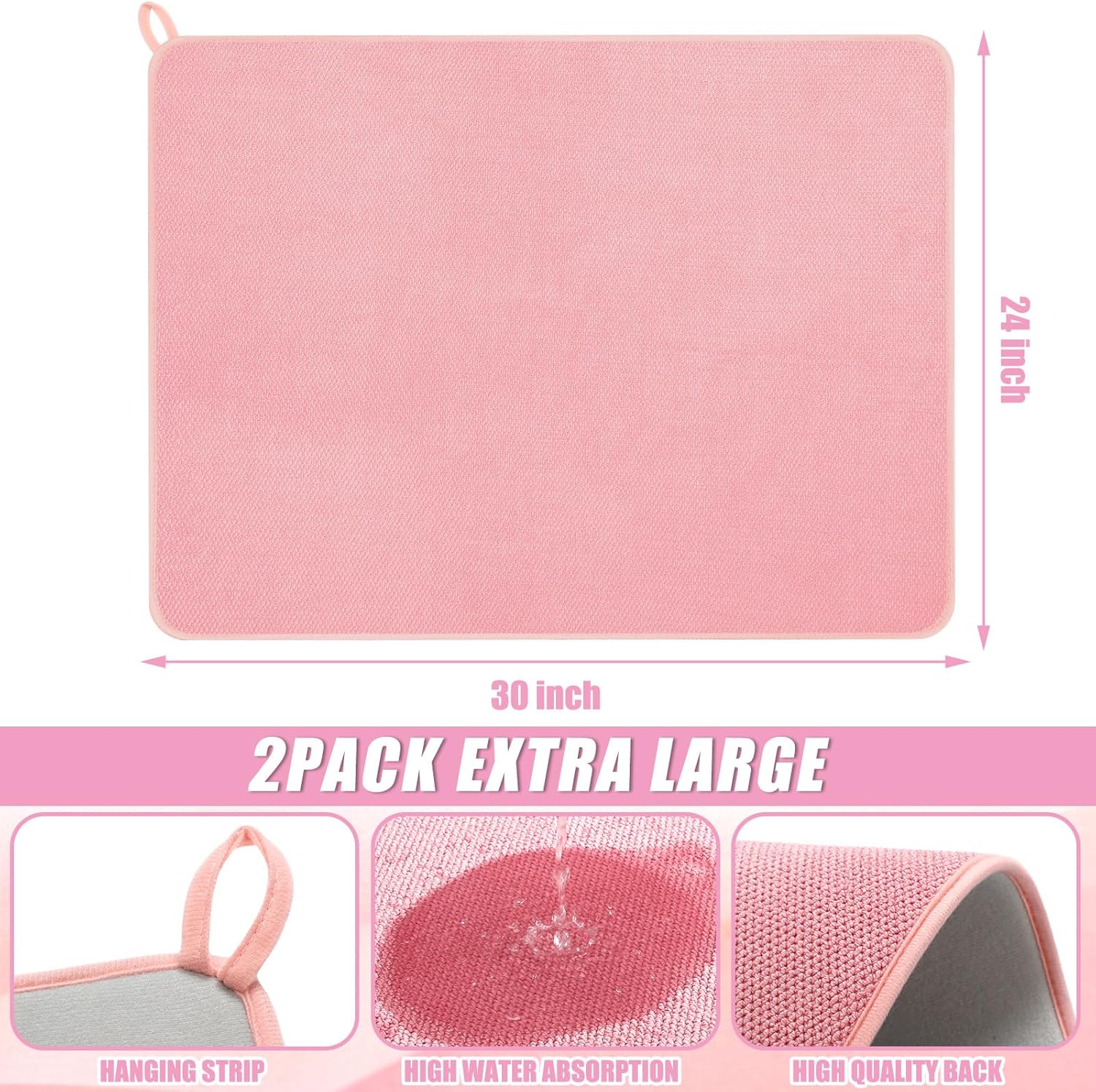 2 Pack  Dish Drying Mat Microfiber Absorbent Dish Drying Pad Large Size Dishes Drainer Mats for Countertop, Sink, Refrigerator or Dryer (30 x 24 Inch,)