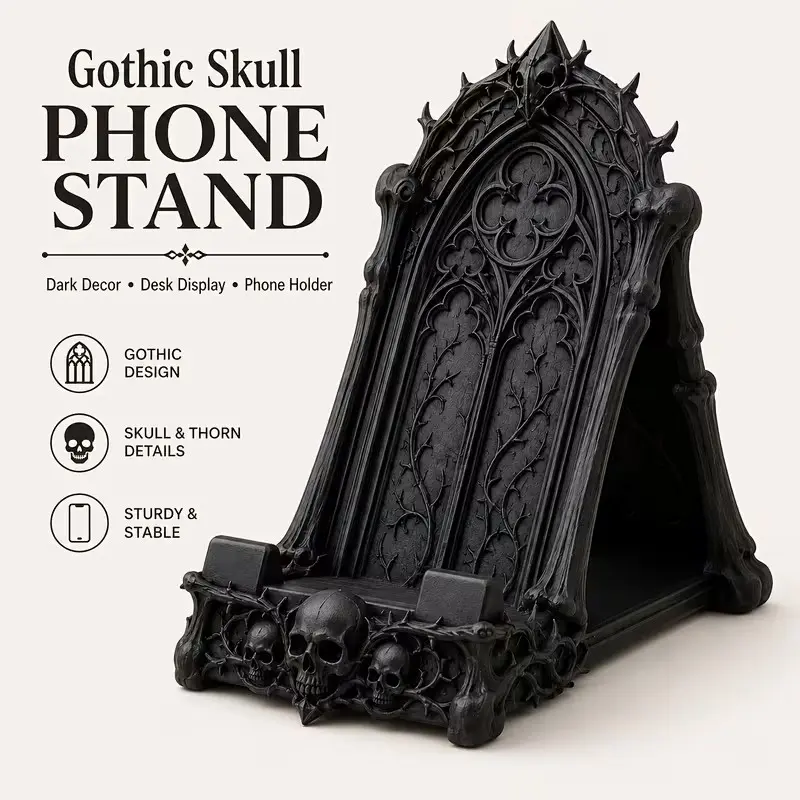 Gothic Skull Phone Stand, Dark Gothic Desktop Phone Holder, Decorative Desk Mount, Ideal for Bookshelf, Nightstand, Home Office, Goth Gift