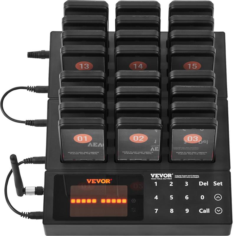 VEVOR Restaurant Pager System, Wireless 400m Long Range Lineup Waiting Queue Signal, Guest Customer Calling Beepers with Vibration & Flashing, 24 Buzzers for Food Truck, Church, Nursery, Hospital