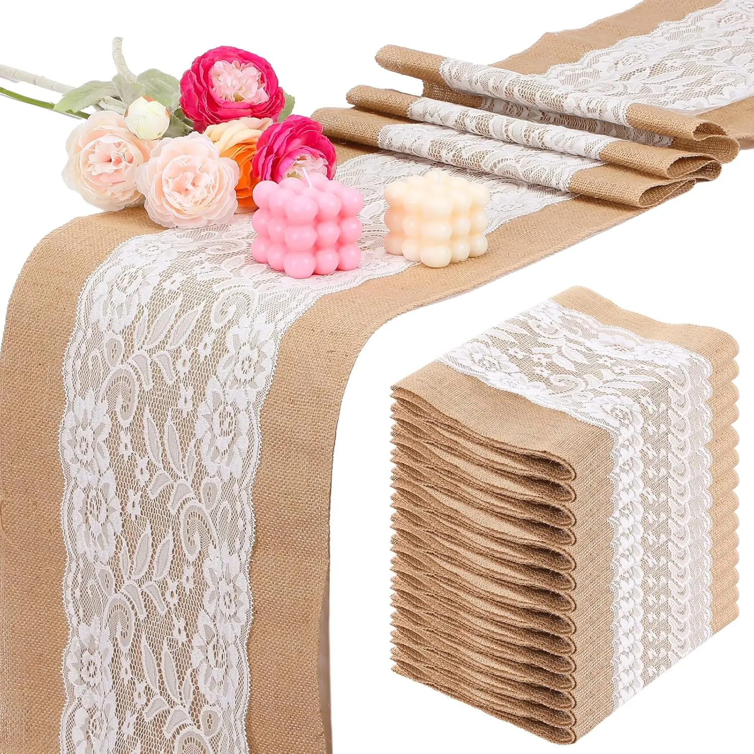 6 Pack Burlap Table with Lace Wedding Rustic Farmhouse Runner for Table 12x71inch Natural Jute Vintage Tablecloth for Birthday Thanksgiving Wedding Christmas Decor