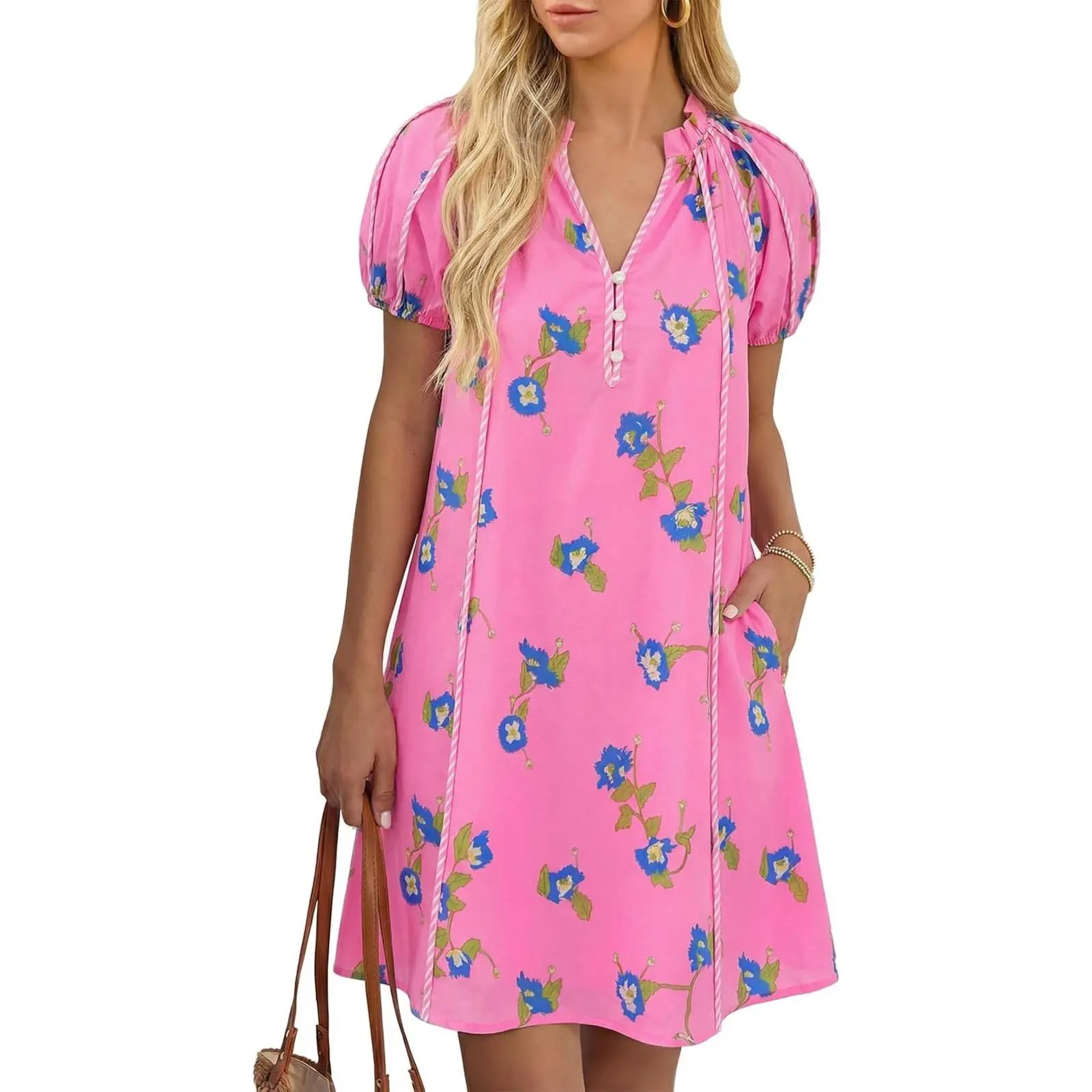 Cicy Bell Women's Summer Casual Dress - Lady's Puff-Sleeve, V-Neck, Ruffle Button, Floral Print, Patchwork, Loose-Fit, Short-Sleeve Option, Brunch Outfit Ideas, Going Out, Casual Wear, Beach Outfits, Shortsleeve, Polyester Blend