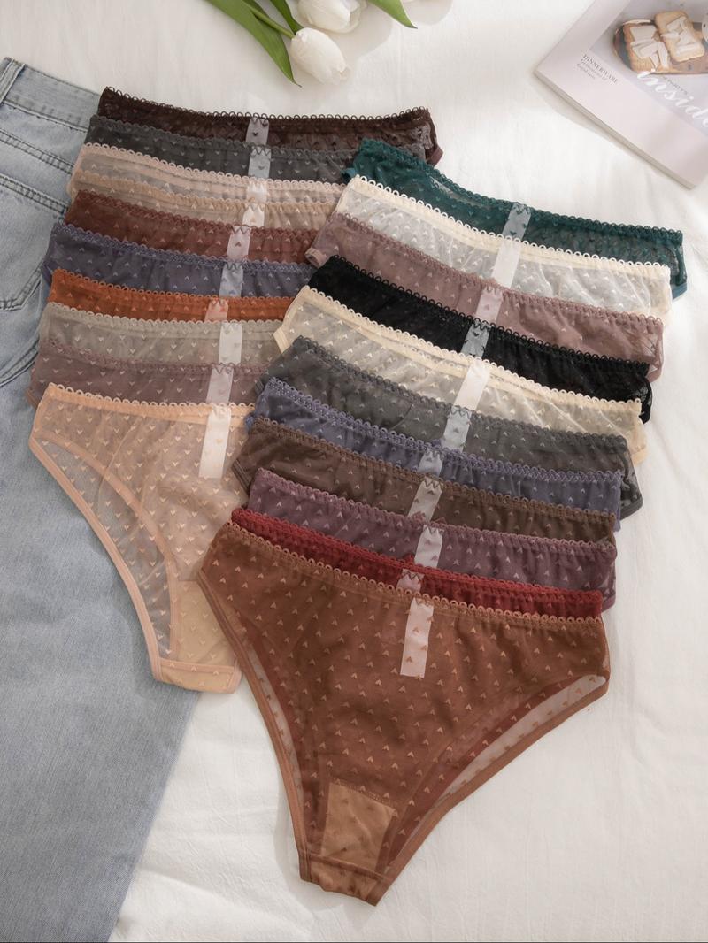 Women's 21pcs Heart Print Bow Decor Contrast Lace Knicker, Soft Comfy Breathable Panty for Daily Wear, Underwear for All Seasons