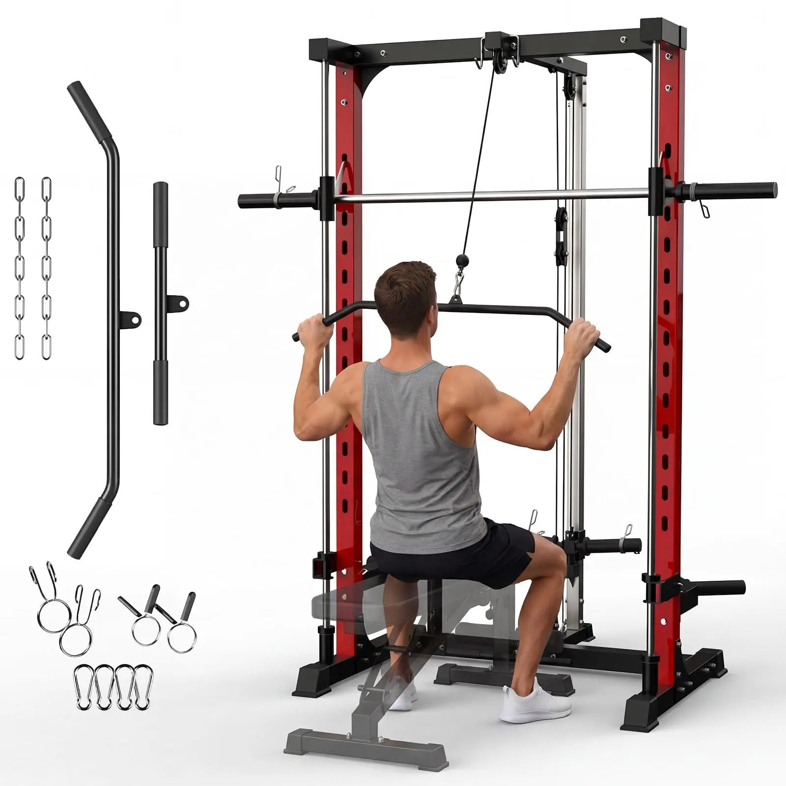 Smith Machine with LAT Pulldown System, 1000 LB Power Cage Squat Rack with Weight Plates Holder, Low Row Bar, & More Training Attachment, Multi-Functional Home Gym Equipment