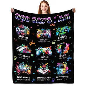 1PC Christian gifts for men and boys, God said I am a gamer blanket, inspirational religious birthday gift for game lovers, Bible verse blanket