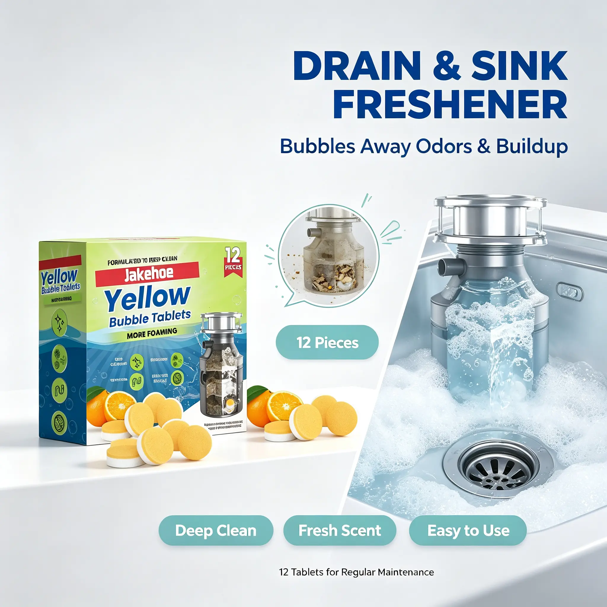 Drain Clog Remover Tablets, Eliminate Odor & Dissolve Hair Grease, Jakehoe Foaming Pipe Cleaner For Sink Disposer