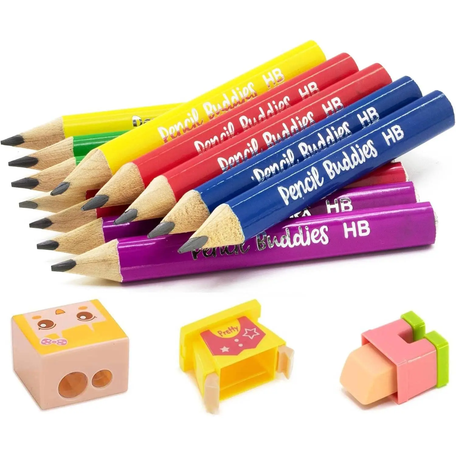 Short Jumbo Pencils for Kids, Preschoolers, Kindergarten, Toddlers & Beginners - 12 Fat #2 Pencils With Triangle Grip, 1 Sharpener & Eraser (Color DIY)
