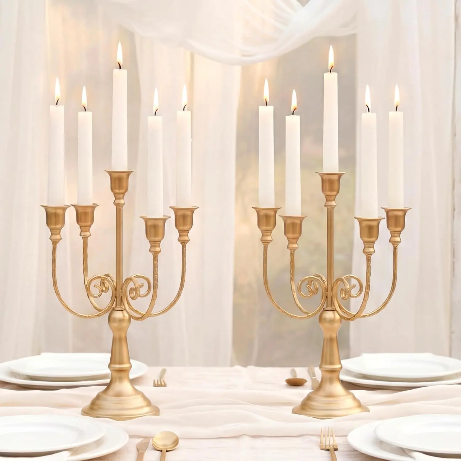 Gold Candelabras Candle Holder: 5 Arms Candelabra Set of 2 | Candle Stick Stands Candleholder Fireplace Wedding Reception Antique Decorative Dinning Table Christmas