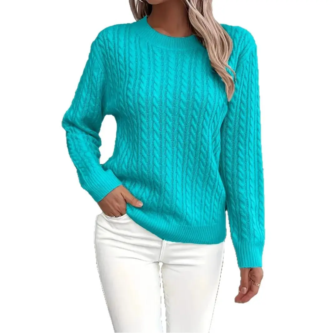 Women’s Cable Knit Crew Neck Sweater, Long Sleeve Pullover, Soft Acrylic Knit Classic Casual Fall Winter Sweater Top