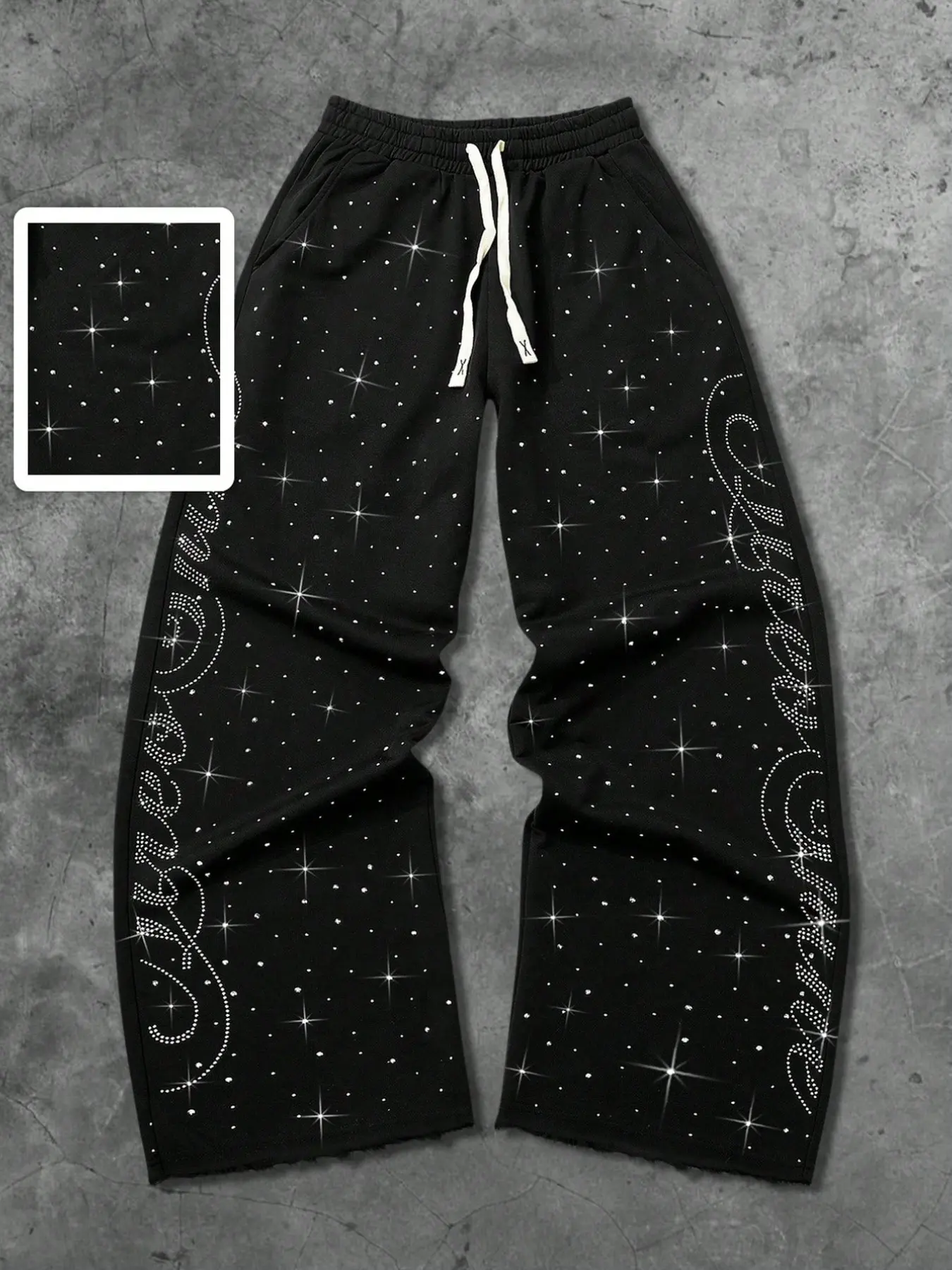 Men's Wide Leg Loose Fit Sweatpants, Elastic Waist Drawstring, Side Pockets, Rhinestone Print, Streetwear Pants for Hip Hop Parties