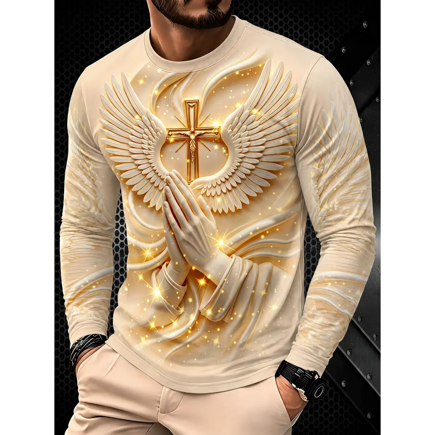Men's Religious Prayer Angel Wings Cross 3D High Definition Graphic Print Long-Sleeved Shirt, Round Neck Long Sleeve Summer Spring  Autumn Streetwear Tee