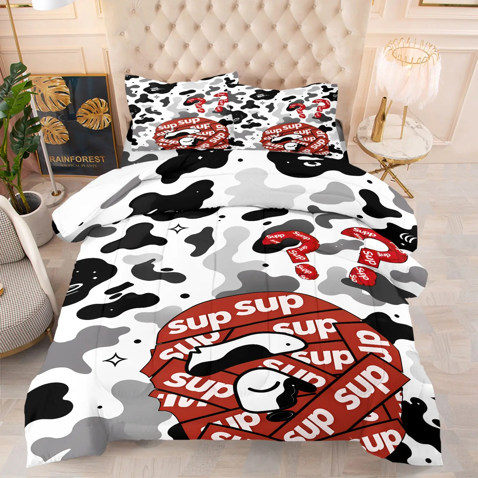 White‑Black Camo Graphic Comforter Set, 1 Quilt and 1‑2 Pillowcases Coreless,Fashionable Street Ape Head with Red Stacked‑Text Print, Soft Skin‑Friendly Anti‑Slip Fashion Decoration, Trendy Street Style Bedroom Decor