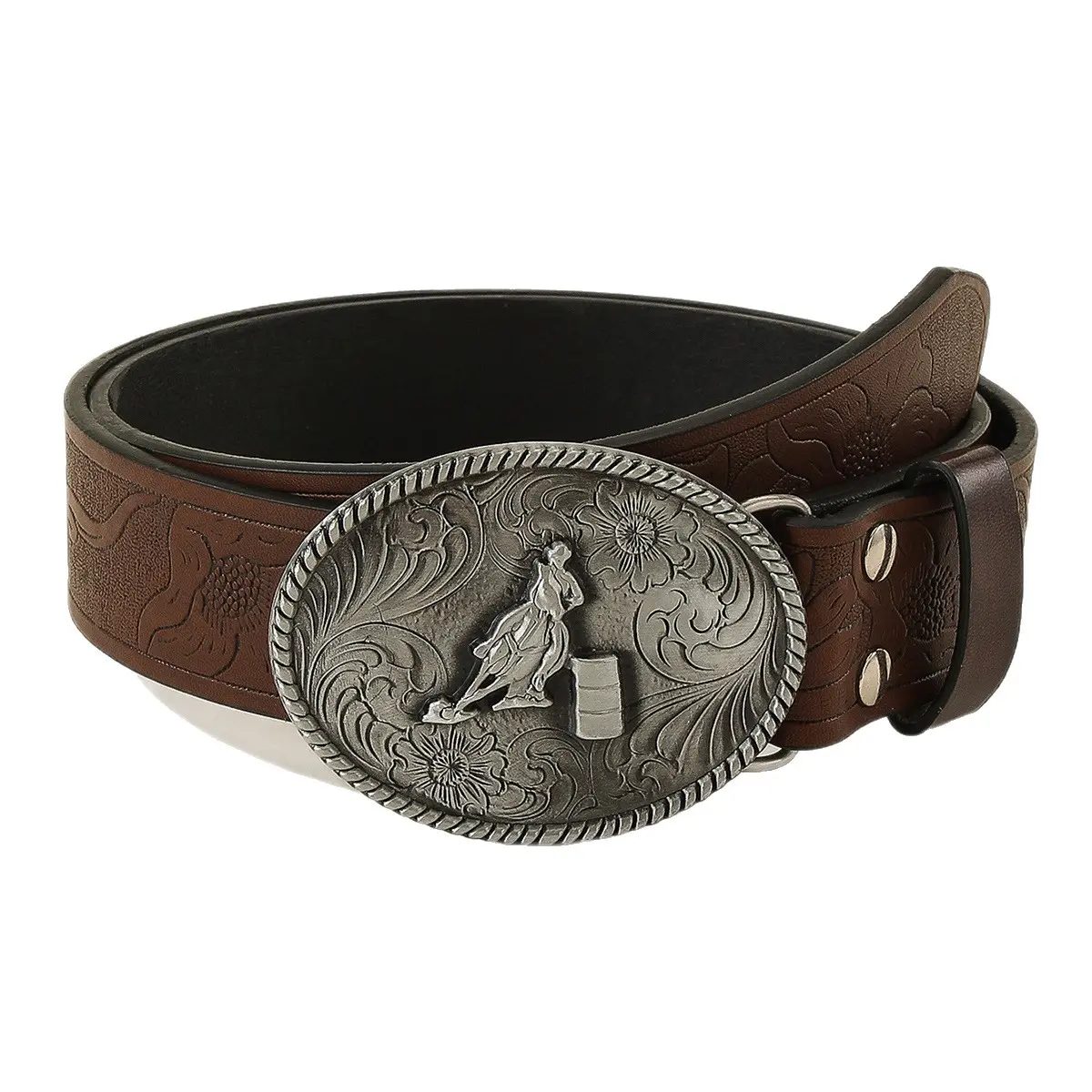 Unisex Heavy Duty Artisan Western Style PU Belt - Cowboy Belt with Barrel Racing Horse Buckle, Tooled Floral Pattern, Soft Adjustable Side Design, Western Buckle, Belts