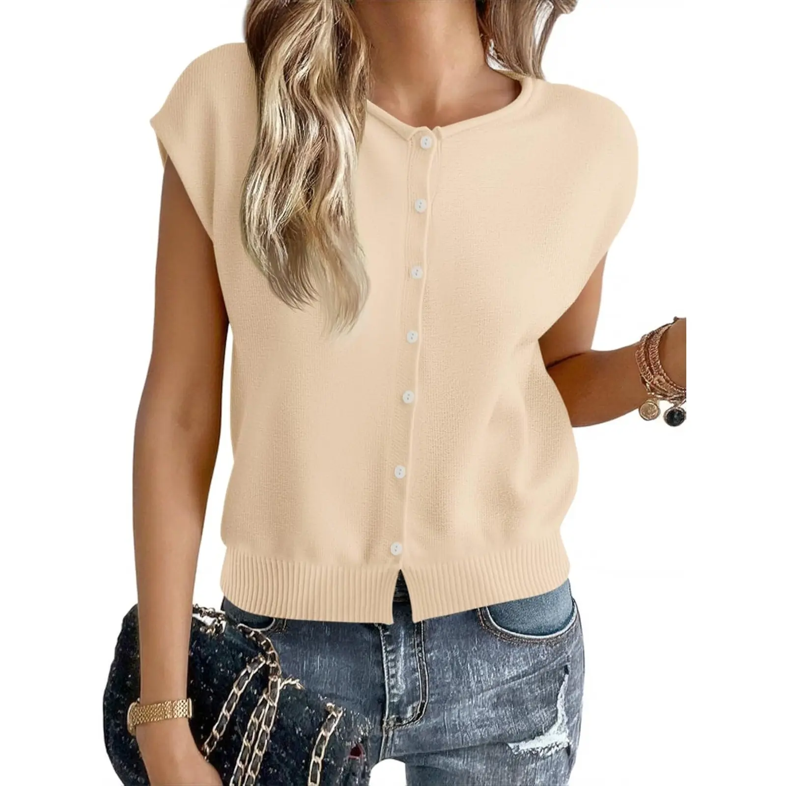 Cicy Bell Women's Cap Sleeve Knit Vest - Lightweight Casual Crew Neck Button-Accented Top for Daily Wear
