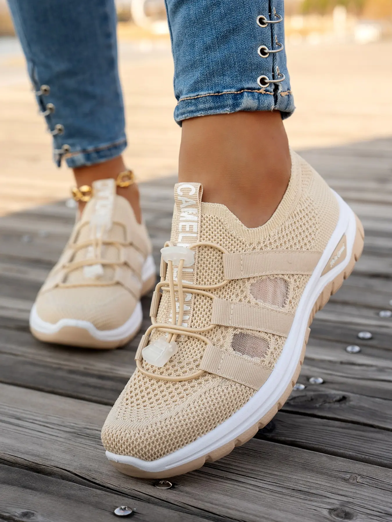 Summer Mesh Hollow Out Flyknit Casual Walking Shoes for Women, Elastic Laces Anti-Slip Thick Sole, Breathable Slip-On Sports Sandals