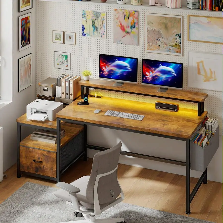 Computer & Office Desk With  Power Outlets, Fabric Drawer, Printer Space, File Cabinet, Shelves & Monitor Stand – Suitable For Study, Writing & Gaming,Rust Brown,20"D*57"W*36"H