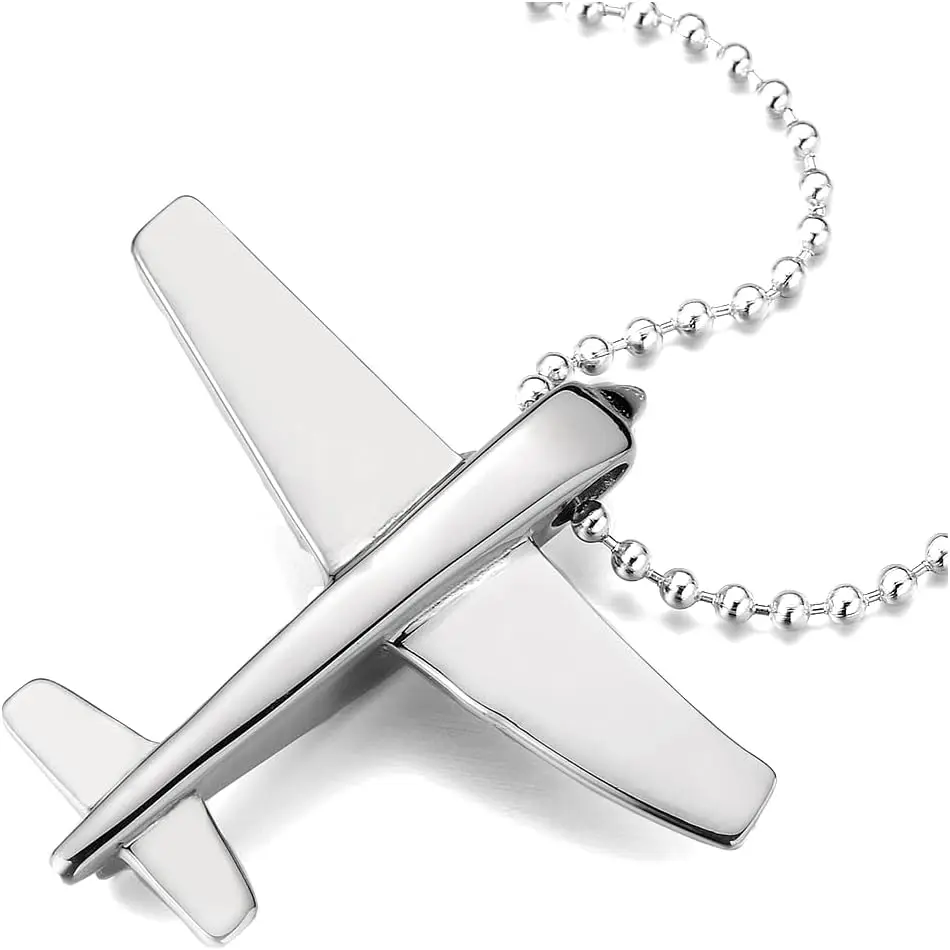 Unisex Stainless Steel Airplane Pendant Necklace for Men Women with Steel Ball Chain
