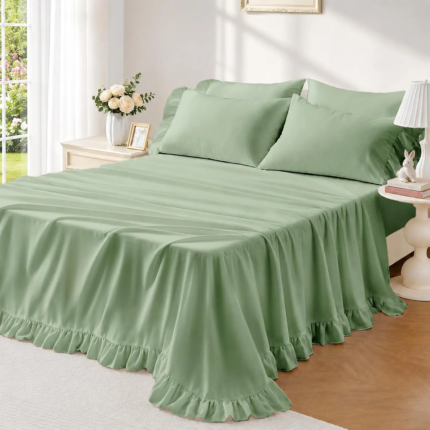 4 count Full Size Sheets - Breathable Bed Sheets with 4-Inch Ruffles, Deep Pocket Up to 14" - Wrinkle Resistant Full Sheet Set Includes Fitted Sheet, Flat Sheet & 2 Pillowcases - Sage Green