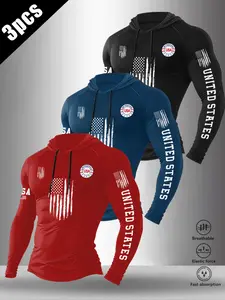3 Piece Set Vintage Flag Hooded Tight Fitness Long Sleeve, High Stretch Quick-Dry Breathable Fabric, Men's Cycling Training Top
