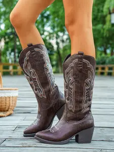 Rustic Embroidered Western Boots for Women, Pointed Toe Mid-Calf Wedge Boots, PU Textile Upper, Business Style, All Seasons