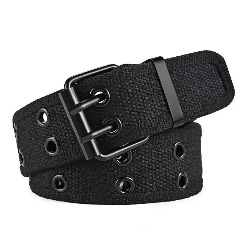 Men's Canvas and Leather Belt – Tactical Nylon Webbing Belt. A high-quality belt featuring canvas webbing, rivet detailing, and a double row of metal eyelets. It blends biker, punk, and gothic styles