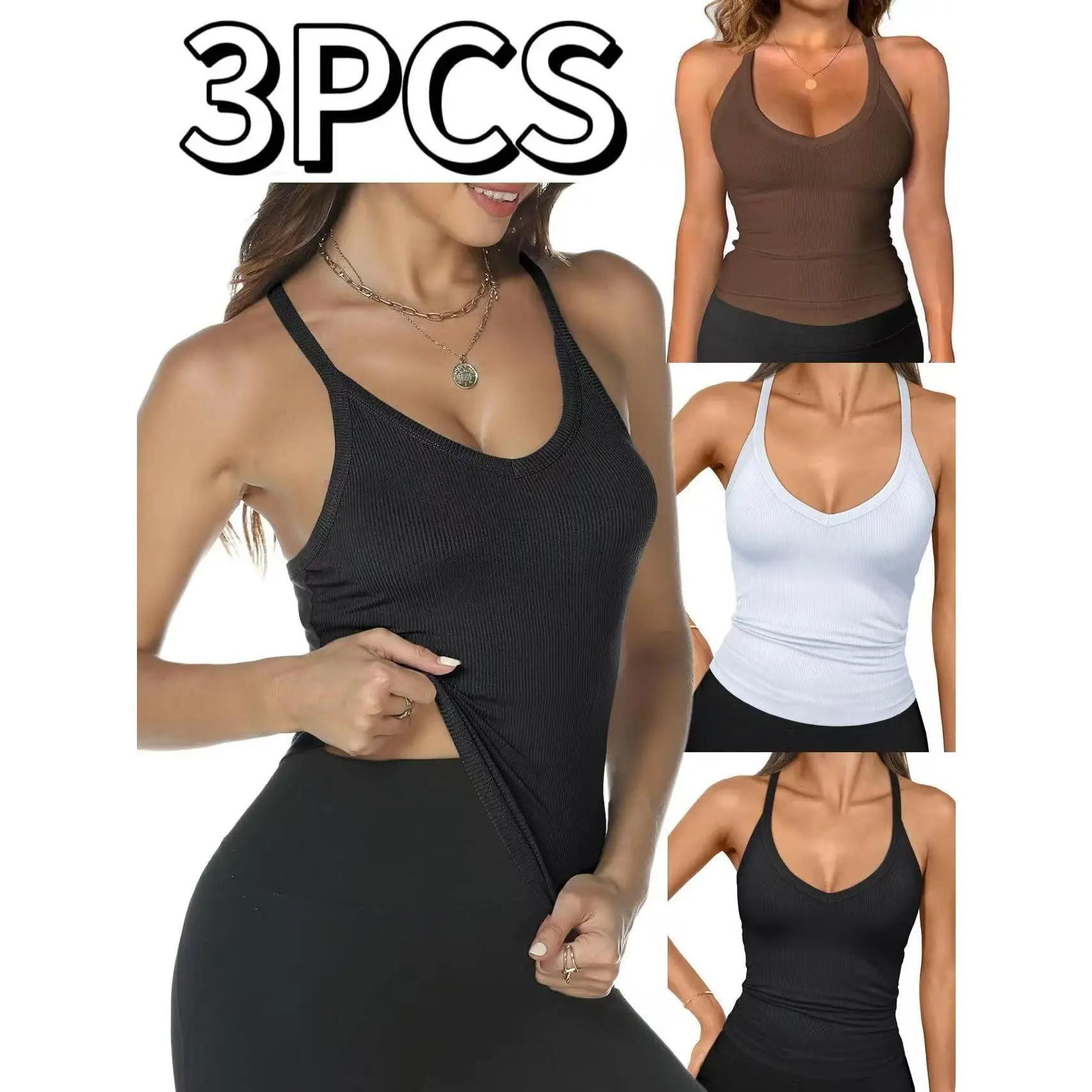 3pcs white+black+coffee Set of Elastic, Breathable Solid Color Low Neck V-Neck Tank Top, Women'S Underwear for Inner And Outer Wear, Sleeveless Slim Fit Top for All Seasons, Spicy Small Tank Top, Sleeveless Sports Yoga Suit Vests Set