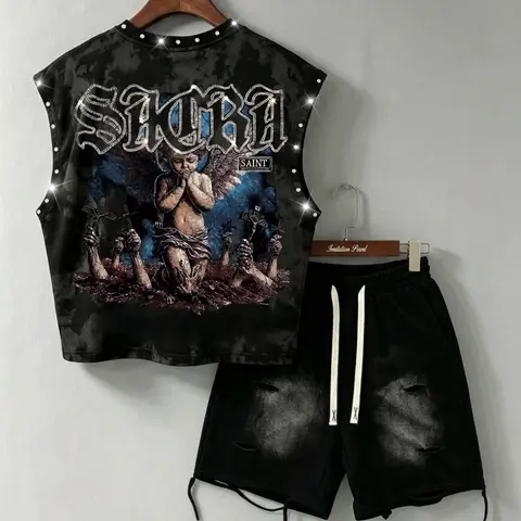 Men's Retro Angel Rhinestone Print Sleeveless Vest + Distressed Wide Leg Shorts Set, High Street Style, Back-To-School Teacher's Day