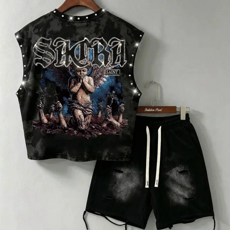 Men's Retro Angel Rhinestone Print Sleeveless Vest + Distressed Wide Leg Shorts Set, High Street Style, Back-To-School Teacher's Day