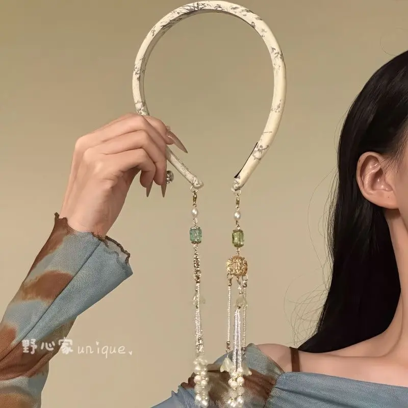 Hanfu-style headband, vintage-style Chinese headband with tassels, exquisite pearl chain headpiece, vintage fabric flower hair accessory.