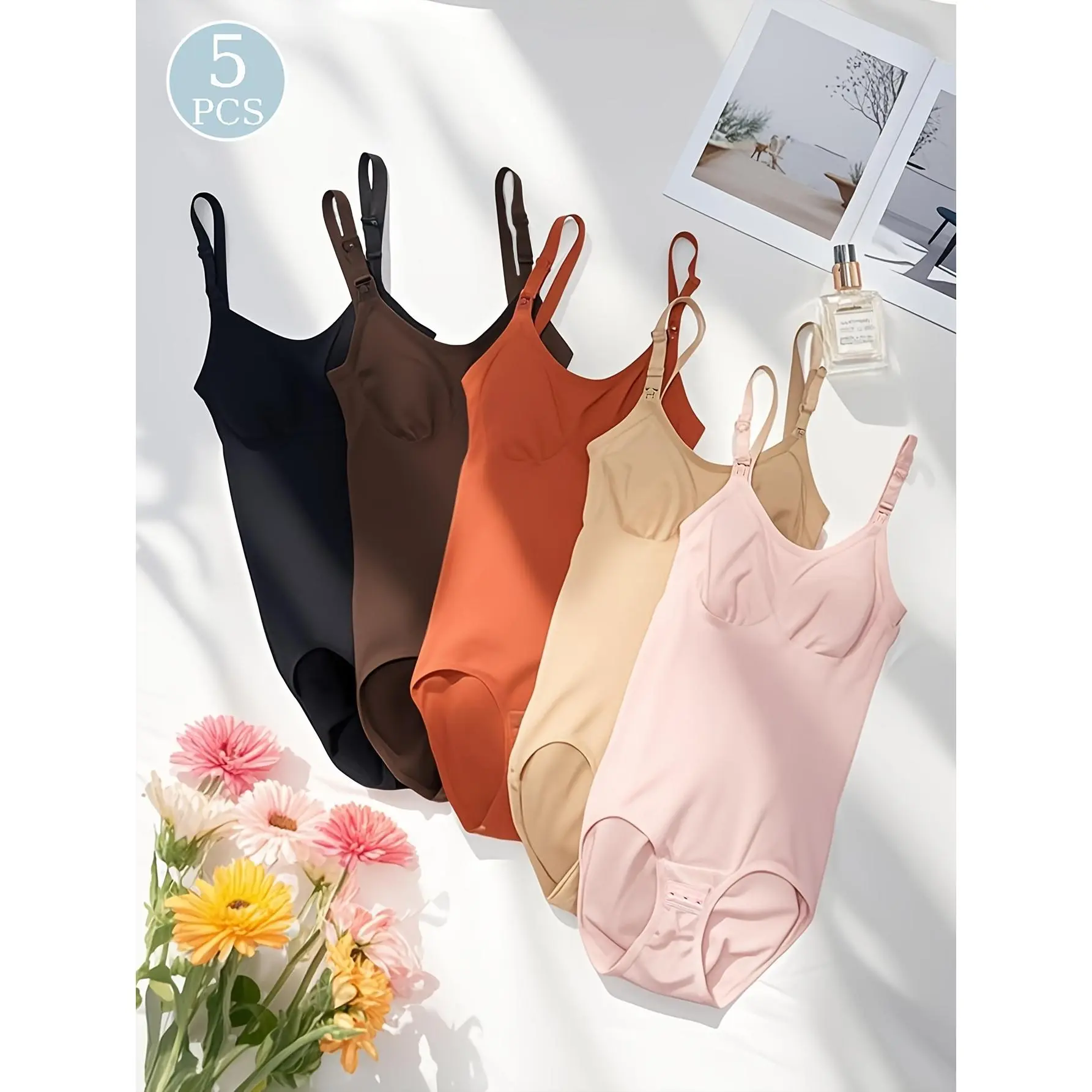 5pcs of Maternity Bodysuit with Nursing Buckles, Postpartum Tummy Tuck, Single-Layer Without Chest Pads, T-Shaped Crotch Design, Nursing-Friendly, Suitable for Postpartum Pregnant Women'S Hip-Lifting And Tummy-Tucking Tight Bodysuit