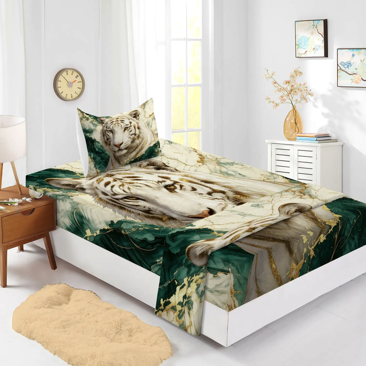 4Pcs Modern Luxury White Tiger Bedding Set, Artistic Combined Print of Green Gold Fluid Marble and White Tiger, Unique Eye-catching Bedroom Bed Linens (1 Flat Sheet+1 Fitted Sheet+2 Pillowcases) Machine Washable