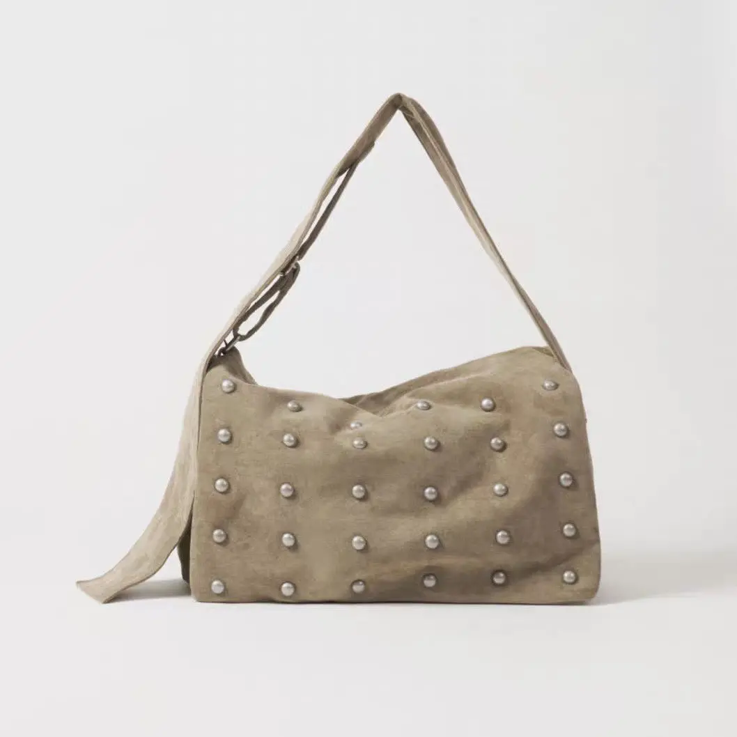 2026 New Autumn Winter Studded Suede Shoulder Bag, Wide Strap Large Capacity Hobo Tote, Edgy Minimalist Crossbody Purse for Women