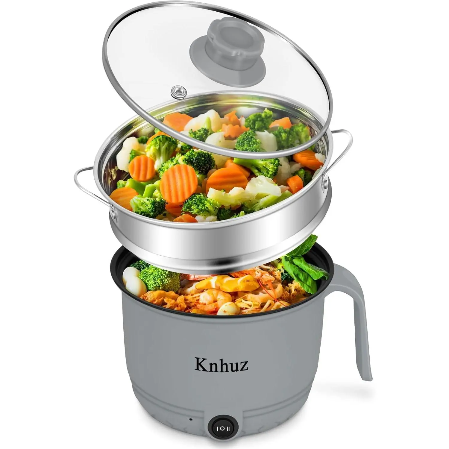 Electric Hot Pot with Steamer, Mini Portable 1.8L Self Heating Rapid Ramen Cooker for Noodles, Steak, Pasta, Shabu Shabu Hotpot, Dorm Lazy Pot, Non-Stick GrayGift