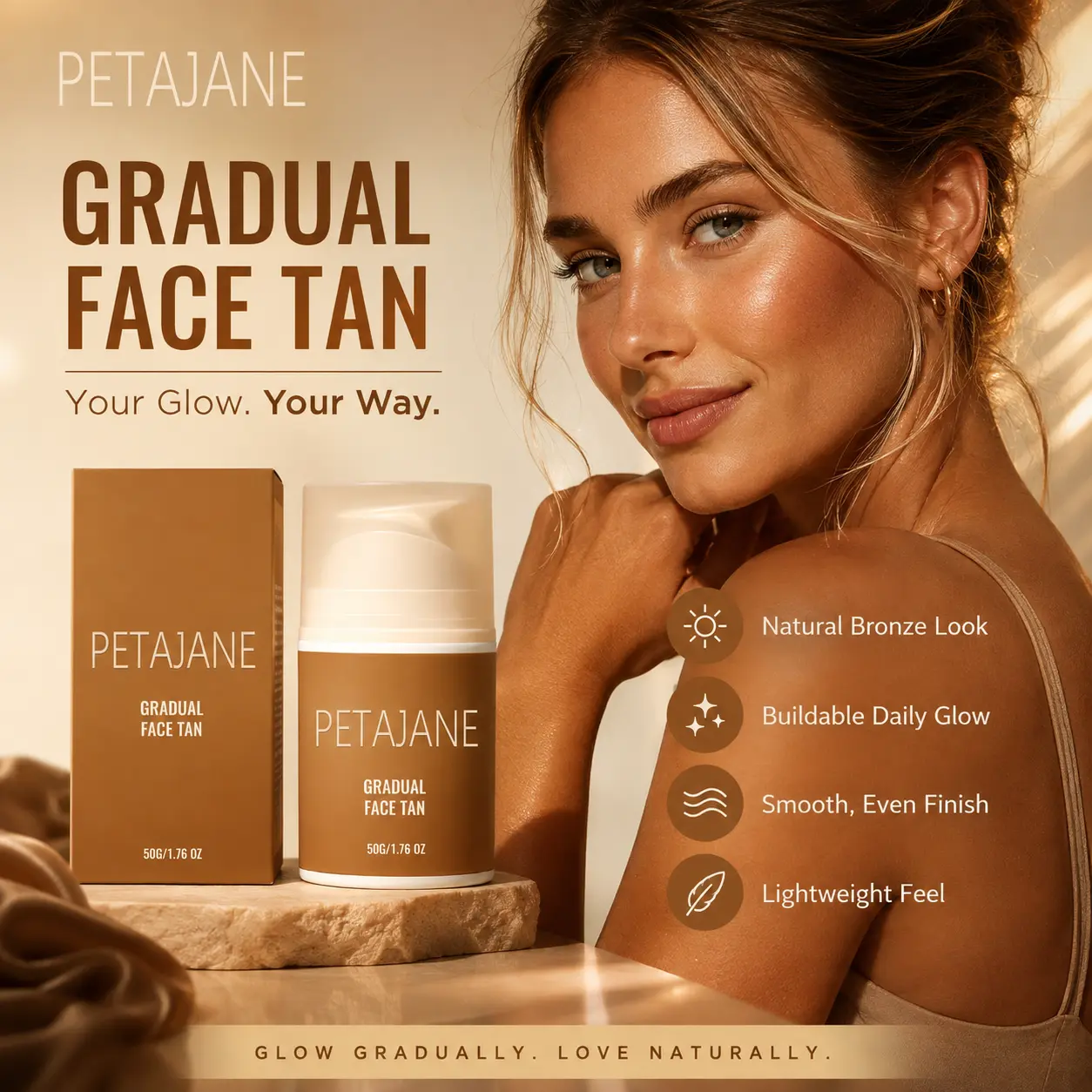 PETAJANE Gradual Face Tanner, Self Tanning Cream for Natural Bronze Glow, Moisturizing Facial Tan Lotion, Lightweight Smooth Finish, Buildable Daily Glow for Face & Neck