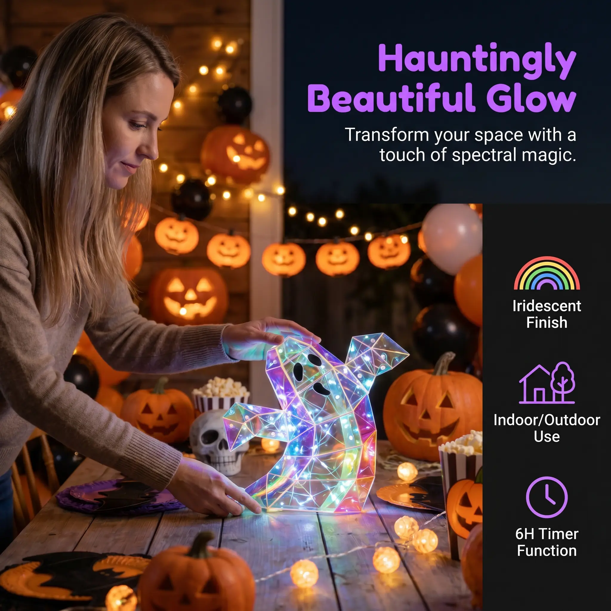 Holographic LED Ghost Night Light 3D Iridescent Spooky Room Decor Cute Halloween Party Centerpiece Glowing Ambient Lamp for Kids Kawaii Fun