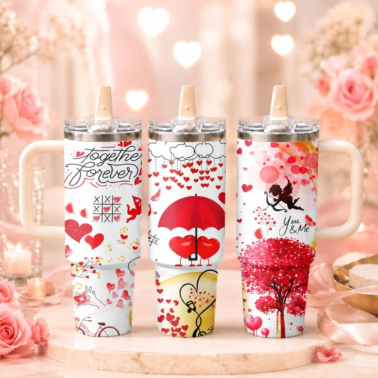 Love Letters Romantic Love Water Bottles 40oz Stainless Steel Insulated Tumbler with Handle & Flip Straw Lid, Leakproof Travel Cup for Water, Coffee & Daily Drinks, Fits Car Cup Holder for Gym, Office, Work & Travel