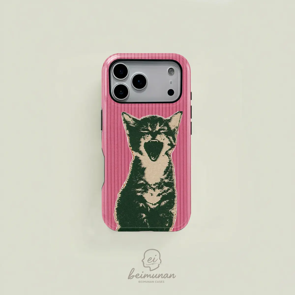 Pink striped cartoon cat yawning line drawing phone case, sturdy and durable 2-in-1 protective case, MagSafe compatible, suitable for iPhone 17/16/15/14/13/12/11 Pro Max/Plus/Pro, simple and stylish phone case, perfect for holiday gifts.