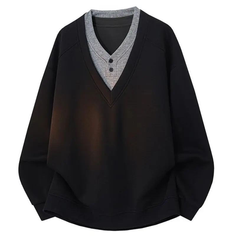 fake two-piece V-neck long sleeve sweatshirt, white inner collar with double button detail, raglan sleeves, ribbed cuffs and hem, loose relaxed silhouette, soft smooth fabric, minimalist casual pullover for spring autumn daily outfits