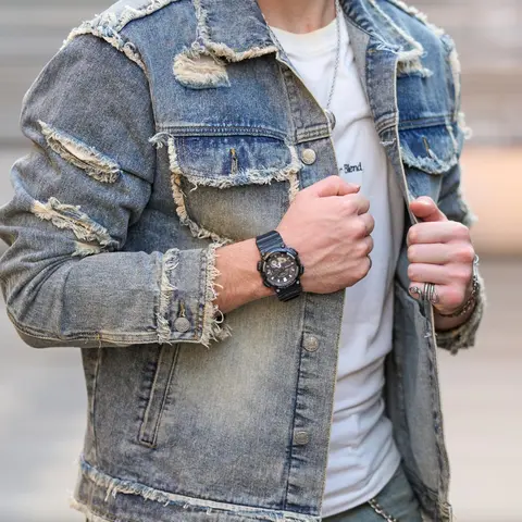 Men's Raw Wash Ripped Denim, Casual Button-Front Design with Pockets and Raw Hem for Daily Wear, Fashionable Menswear for All Seasons, Casual Pocket Outerwear