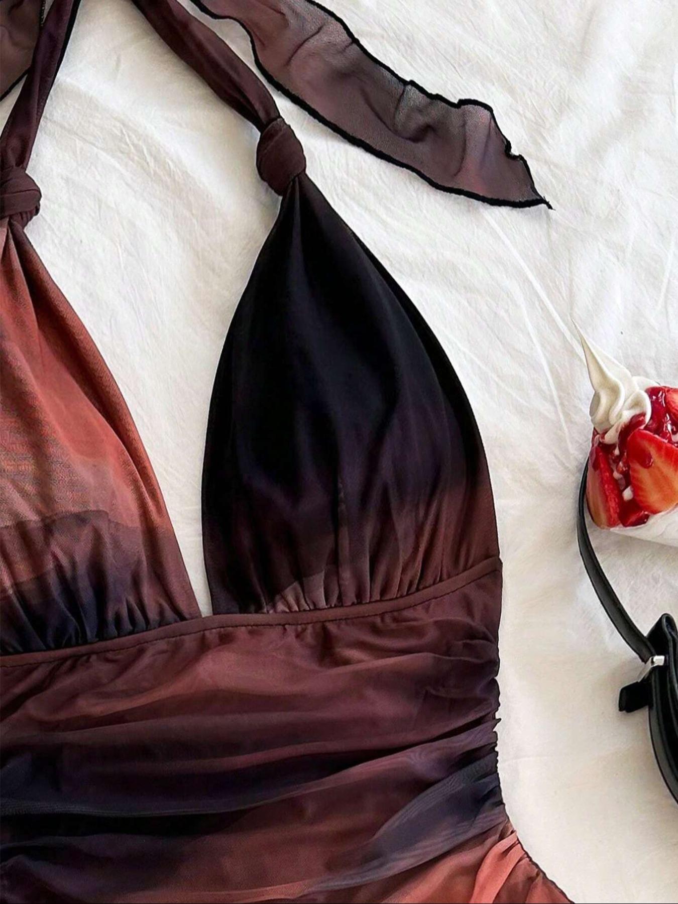 Women's Colorblock Print Tie Back Fashion Draped Dress, Chic Casual Halter Sleeveless Dress for Summer, Ladies Clothes for Beach Holiday Vacation