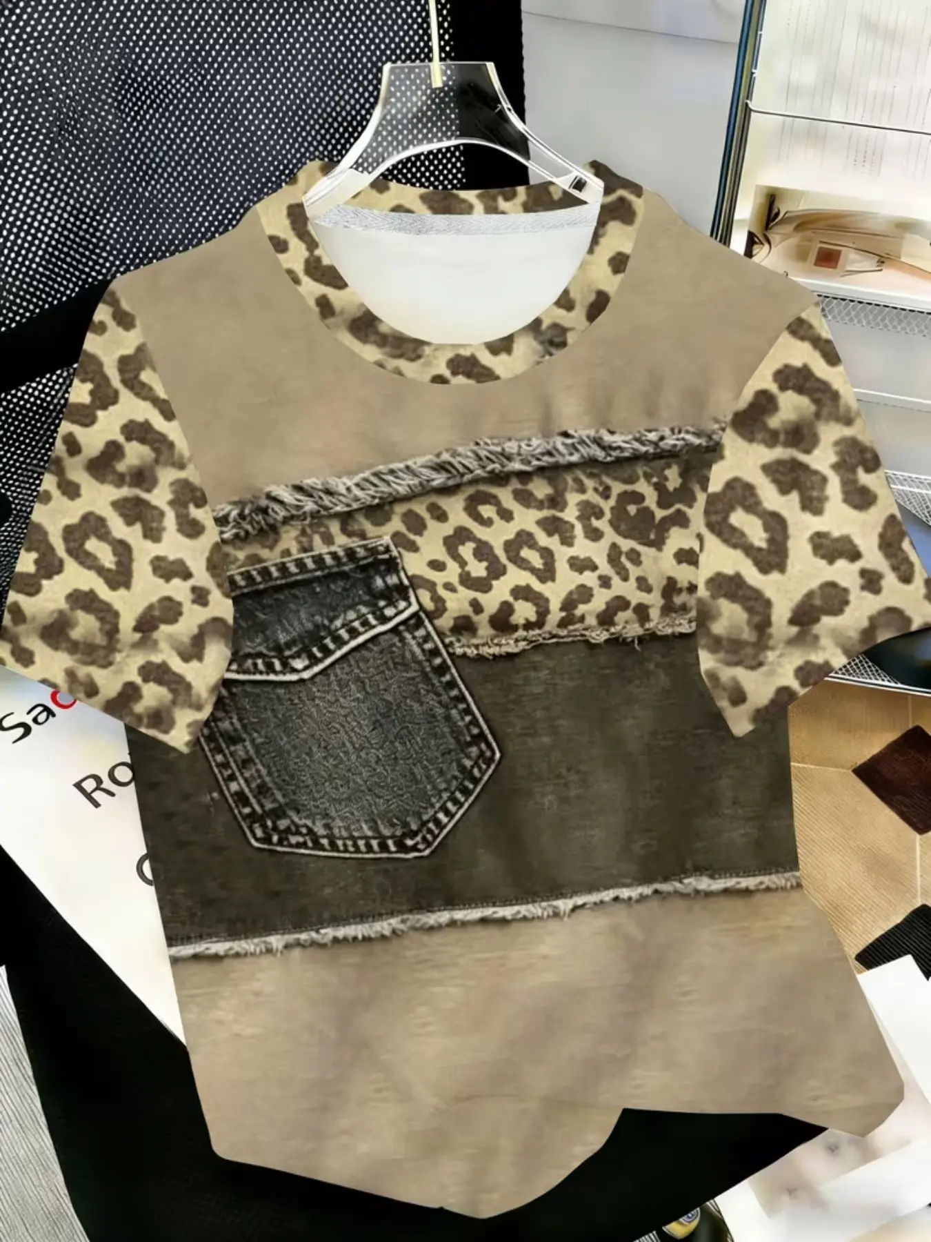 Women's Leopard Print Patchwork Fringe Tee, Round Neck Fringe Hem, Fake Denim Pocket, Loose Fit Casual Top, All Seasons