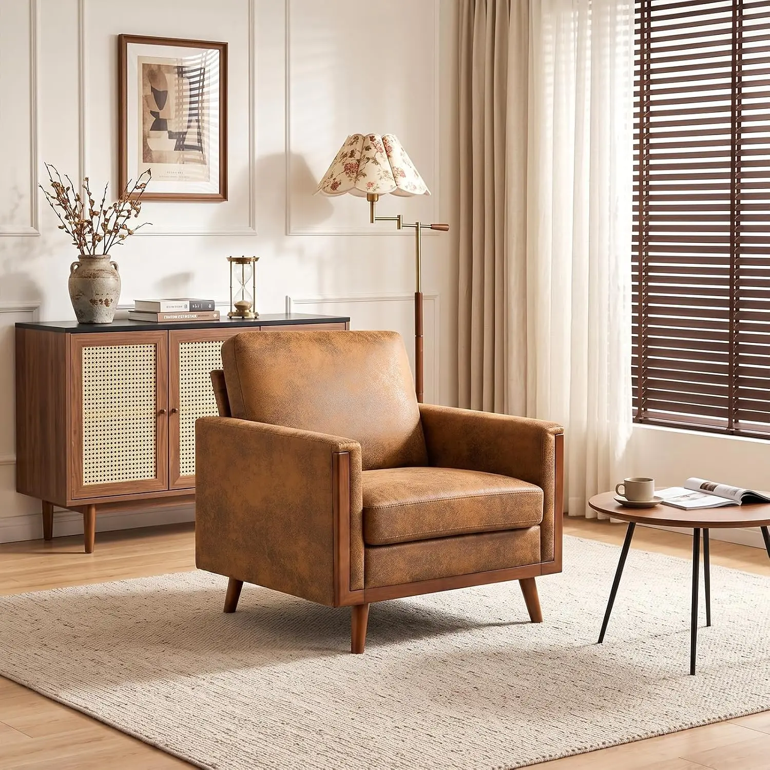 VINGLI Mid-Century Modern Accent Chair with Solid Wood Armrests, Oversized Deep Seat Foil-Stamped Fabric Armchair, Upholstered Reading Chair for Living Room, Bedroom, Home Office, Apartment