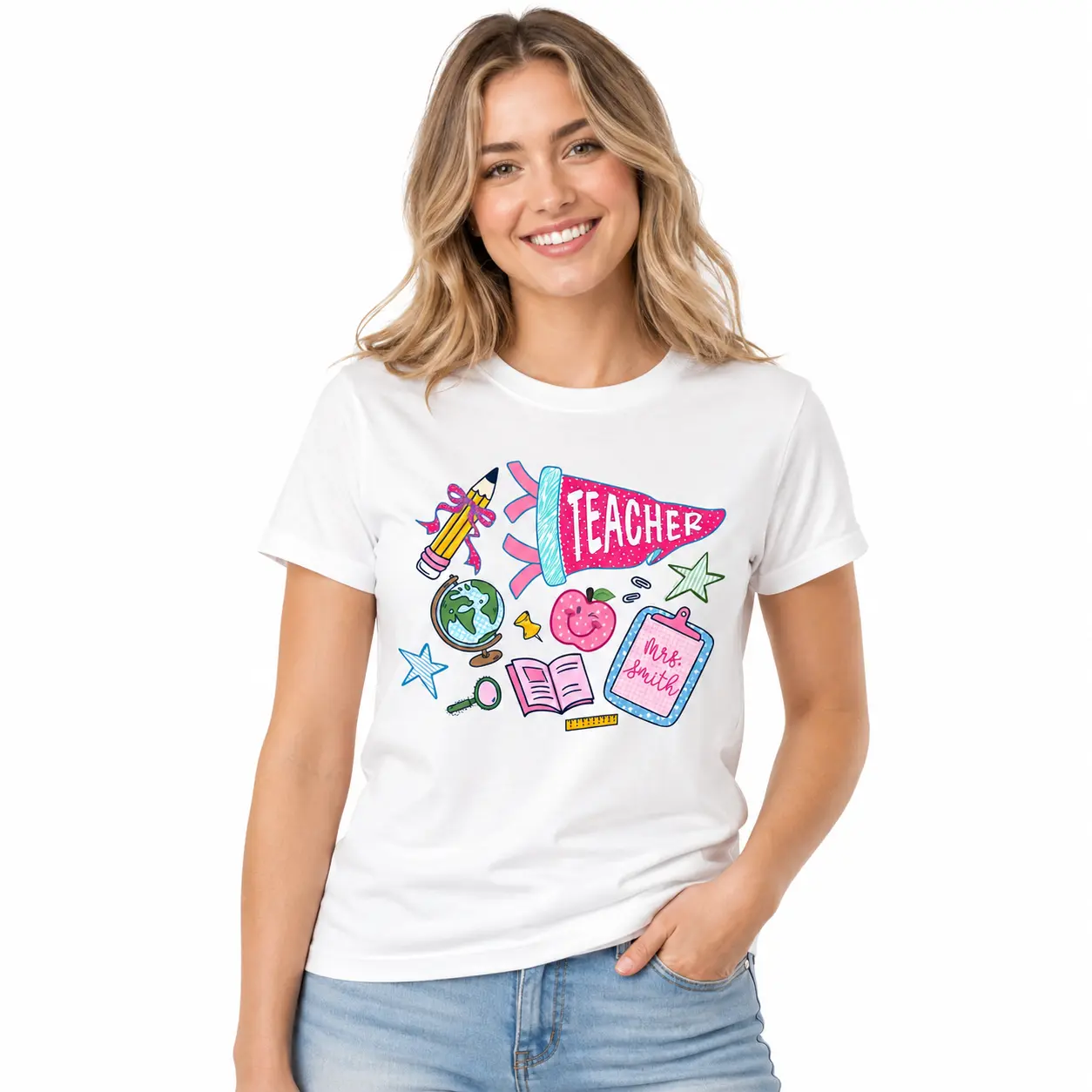 Custom Teacher Pennant T-Shirt, Preppy Coquette Teacher Tee, School Supplies TShirt, First Day of School, Back To School Tee