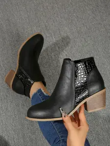 European and American Festival Style Crocodile Pattern Chelsea Short Boots, Square Heel Side Zipper Fashion Chunky Heels, Party Wedding Commute Wear
