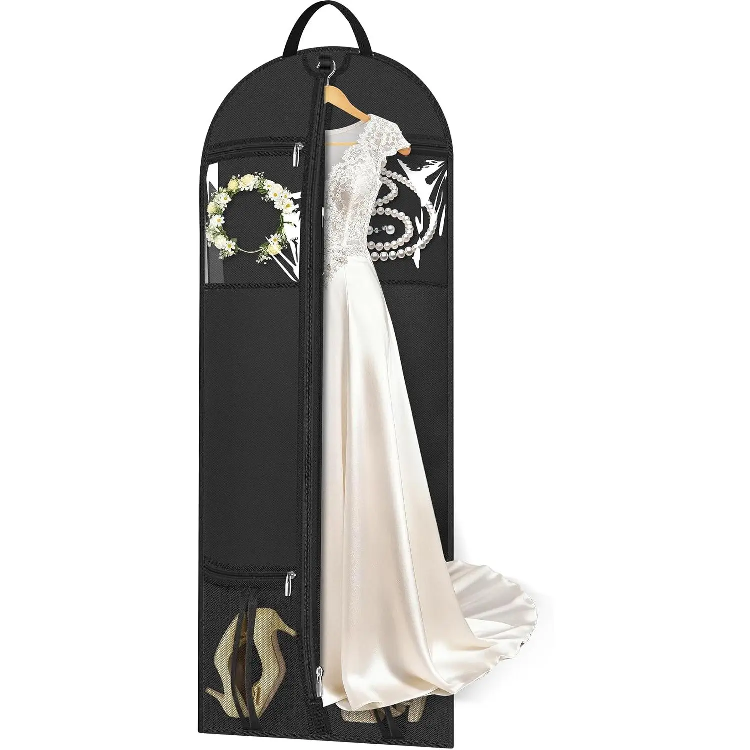 60" Dress Bags for Gowns Long with 4 Large Pockets Garment Bags for Travel for Women Heavy Duty Wedding Dress Bag for  Clothes Garment Covers, Black