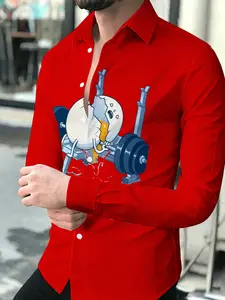 Men's Long Sleeve Shirt with Fun Cartoon Fried Egg Weightlifting Print Casual Versatile Red Top Suitable for leisure and sports scenarios